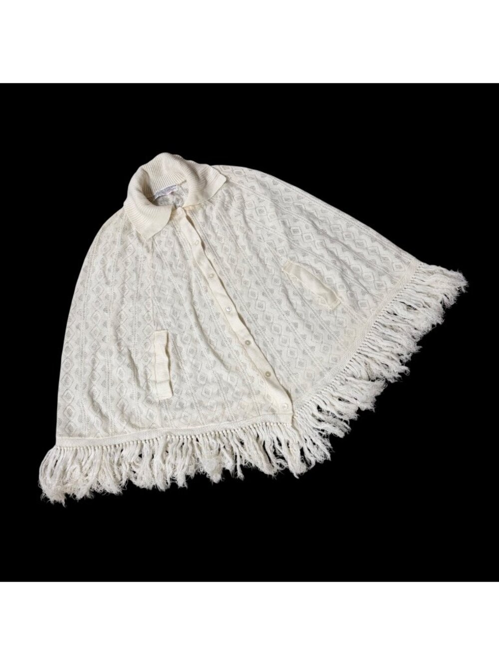 Vintage Cream Knit Poncho Shawl Cape Fringe 1960s One Size Outerwear Retro White